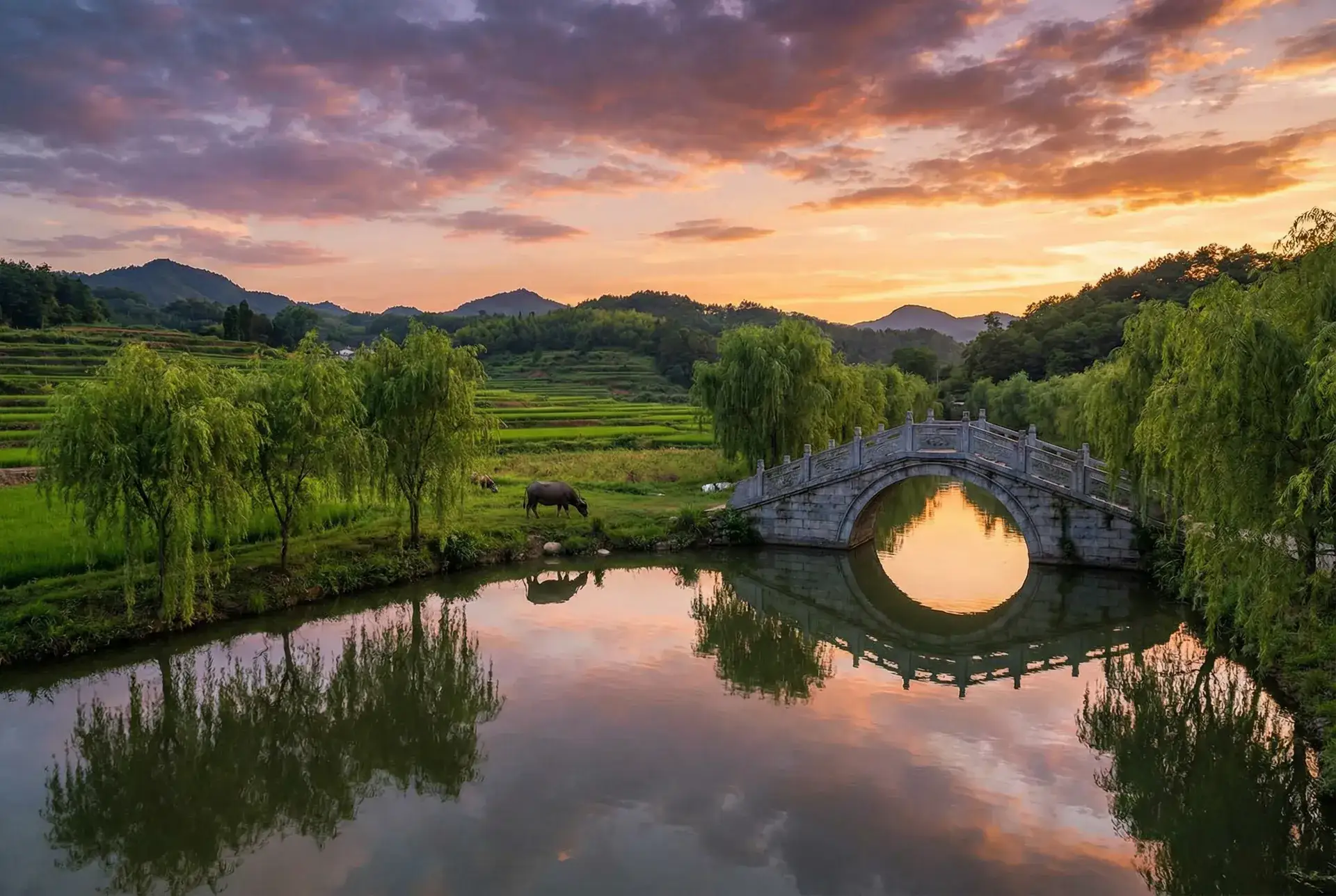夕阳下的石拱桥与垂柳，水牛在河边吃草 - 青春失乐园电视剧 乡村美景